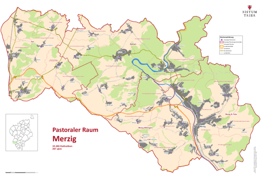 Der Pastorale Raum Merzig erstreckt vom Osten der Kreisstadt Merzig bis in den Westen des Landkreises Merzig-Wadernan die Landesgrenze zu Luxemburg und Frankreich. Im Süden grenzt er an den Landkreis Saarlouis, im Norden wird der Pastorale Raum Merzig durch die Landesgrenze zu Rheinland-Pfalz begrenzt.